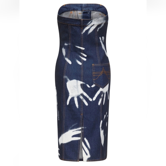 AREA Strapless Denim Dress -Hand Print Indigo Blue - Picture 3 of 10